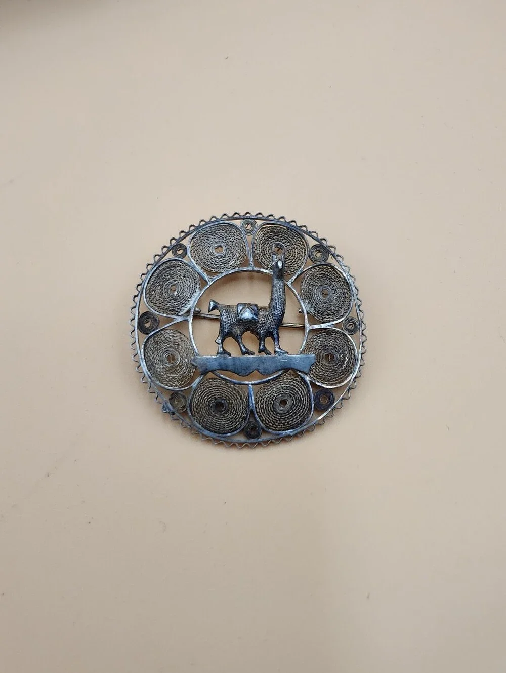 Vintage Sterling Silver Peruvian Llama Intricate Filigree Circular Frame Brooch